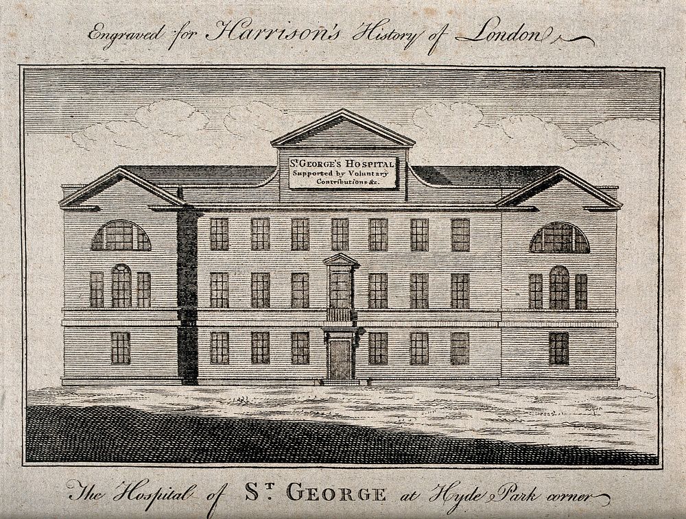 St. George's Hospital, Hyde Park Corner. Engraving, 1775.