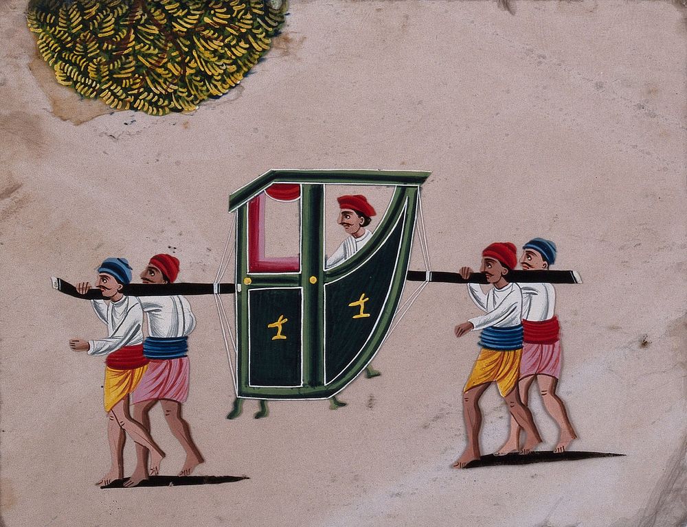 Four men carrying a palanquin with a man sitting inside. Gouache painting on mica by an Indian artist.