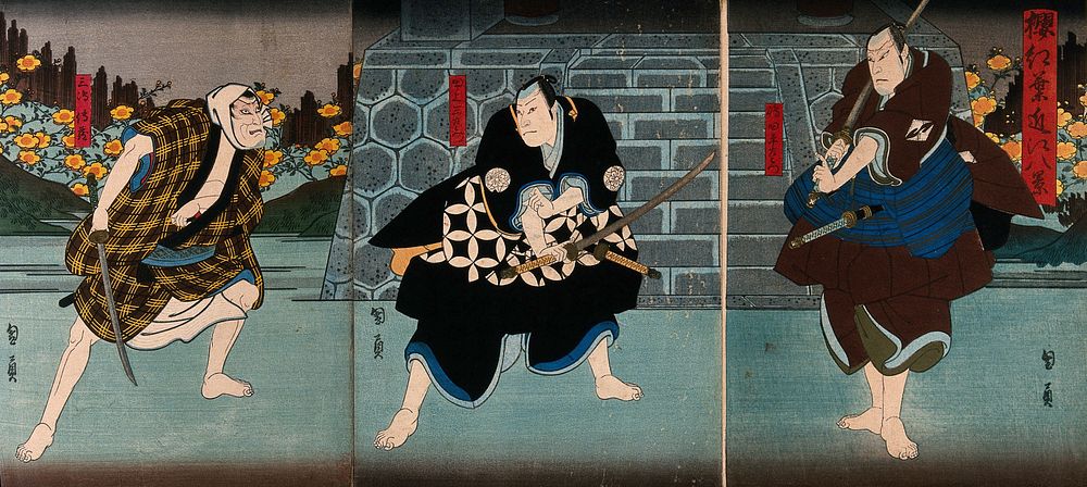 Actors in a confrontation before some steps. Colour woodcut by Kunikazu, early 1860s.
