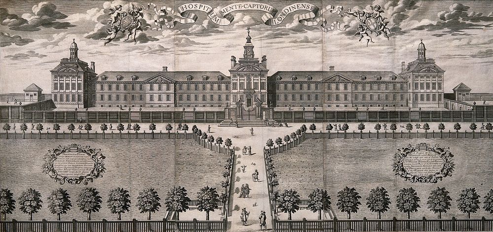 Bethlem hospital, London. Engraving by Robert White, 1677.