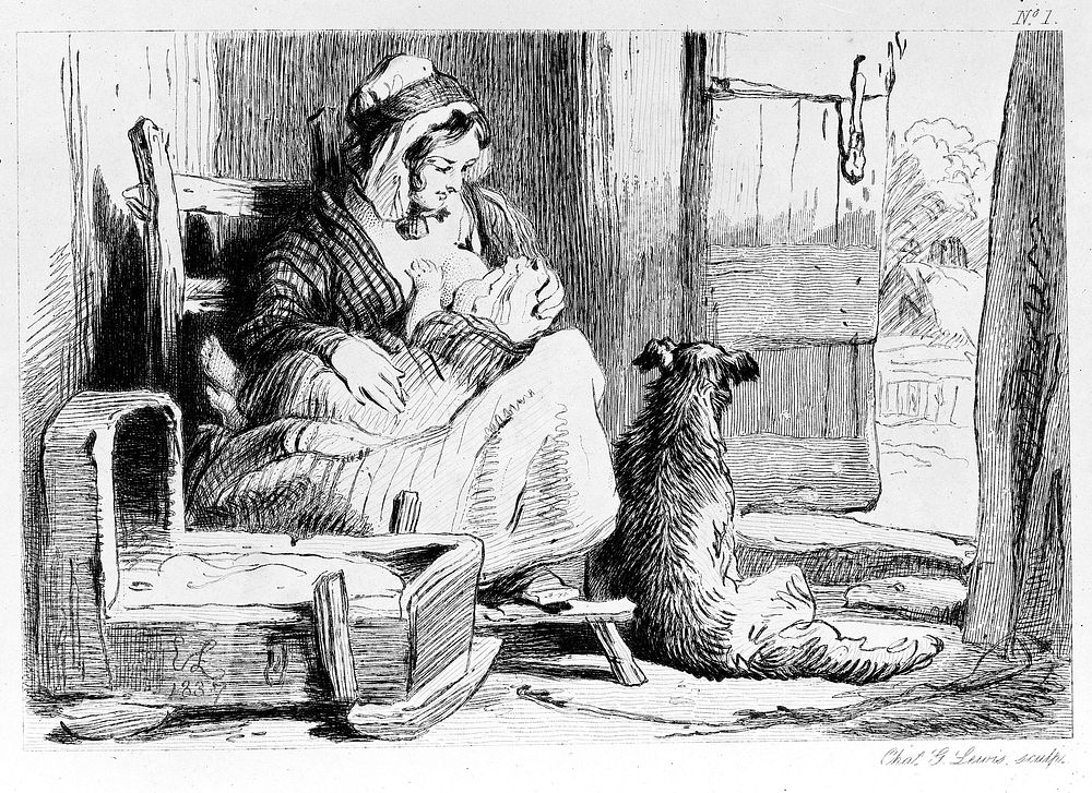 A mother breastfeeding her child in a cottage while her dog sits at her feet. Etching by C. Lewis after E. H. Landseer.