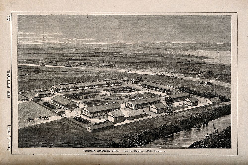 Victoria Hospital, Suez, Egypt: bird's eye view. Wood engraving by Pearson, 1868, after Colonel Collyer.