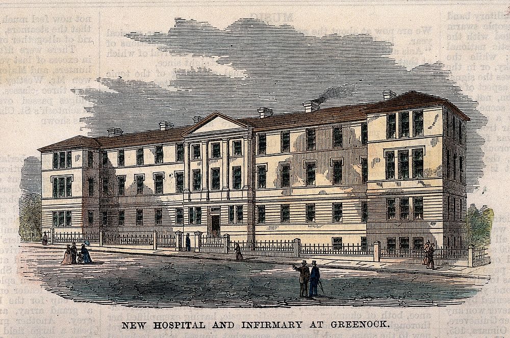 New Hospital and Infirmary, Greenock, Renfrew, Scotland. Coloured wood engraving, 1869.