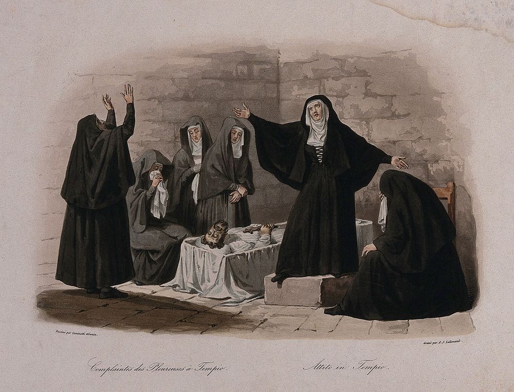 Nuns and mourning women lamenting the death of a man laid out in an open coffin. Coloured stipple engraving by A.J.…