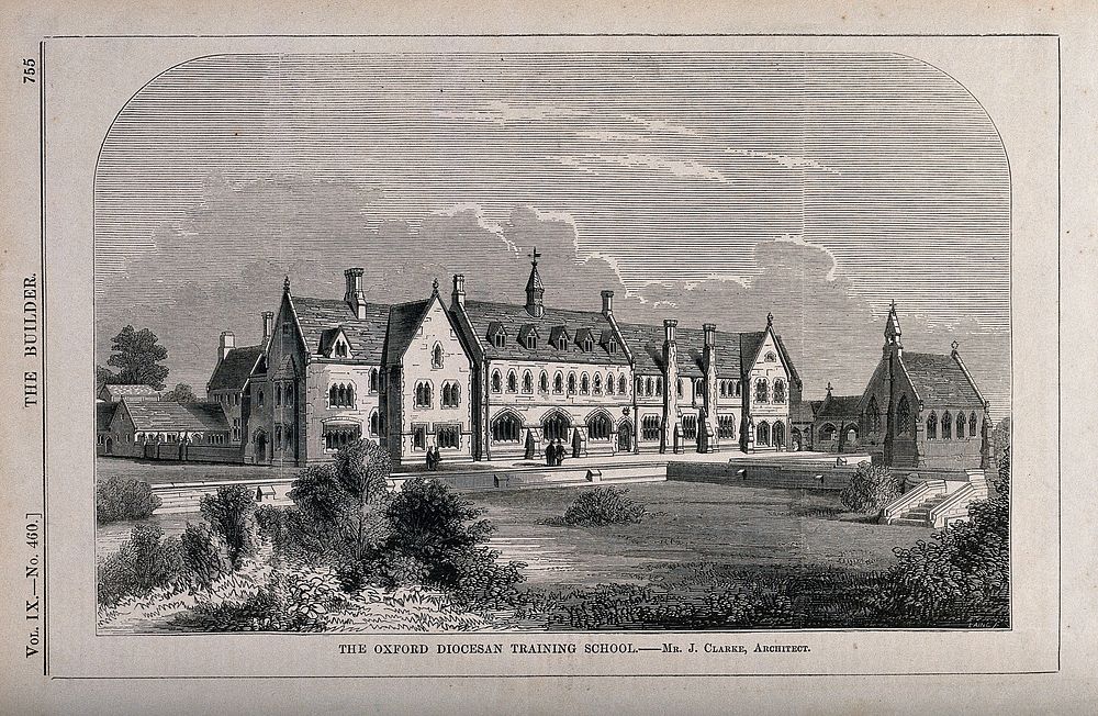 Oxford Diocesan Training School, Oxford. Wood engraving by Laing after J. Clarke.