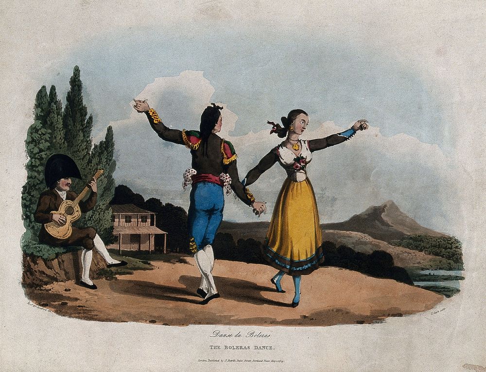 A Spanish couple are dancing the boleras accompanied by a man playing the guitar. Coloured aquatint by J. Clark after Revd.…