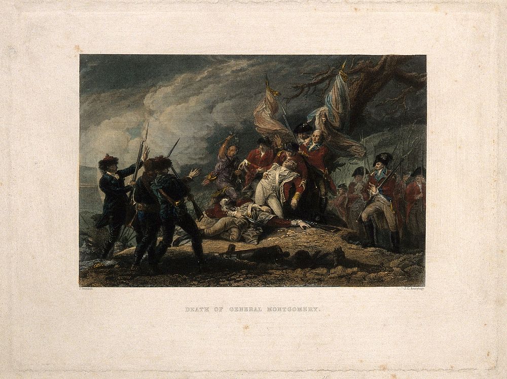 The death of General Montgomery, at Quebec, all around are soldiers and native Americans. Coloured engraving by J. C.…
