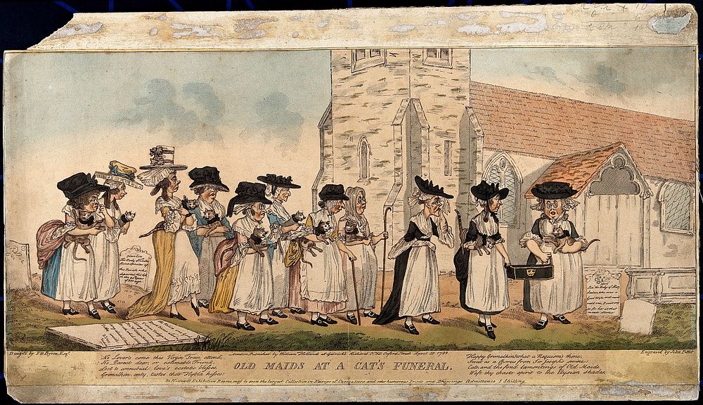 A funeral procession of elderly women with cats in their arms, following the coffin of a dead cat, in a churchyard. Coloured…