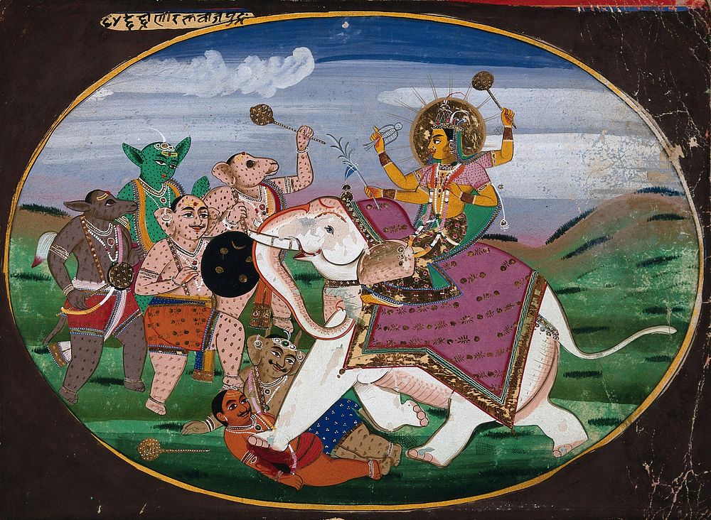Devi riding on a white elephant tramples over two demons. Gouache painting by an Indian artist.