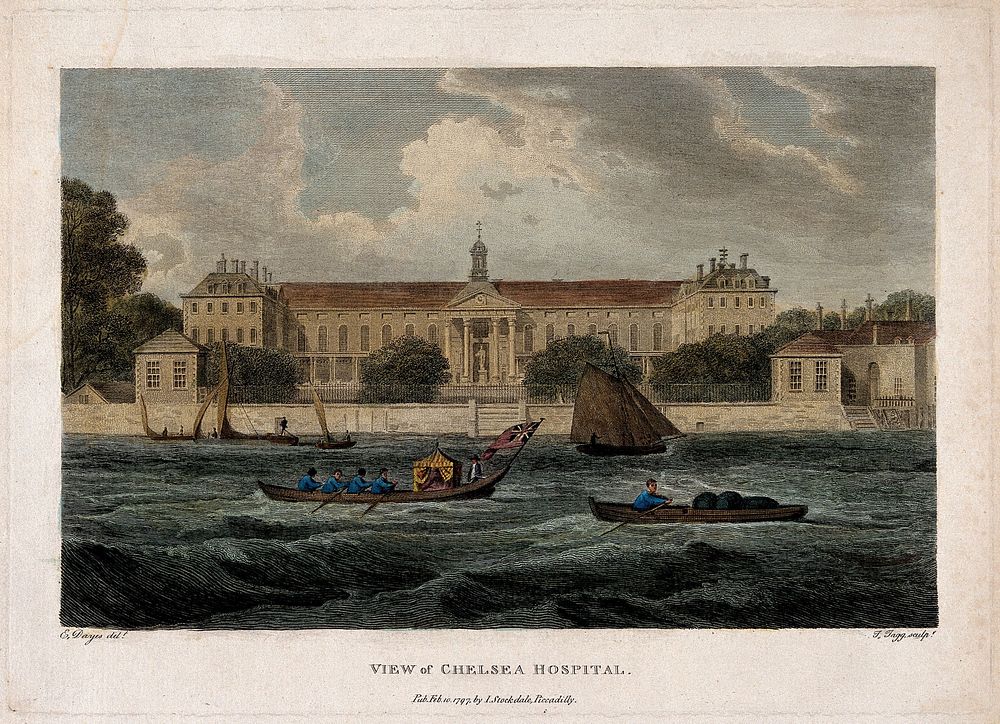 The Royal Hospital, Chelsea: viewed from the Surrey bank with boats, one flying the Red Ensign, on the river. Coloured…
