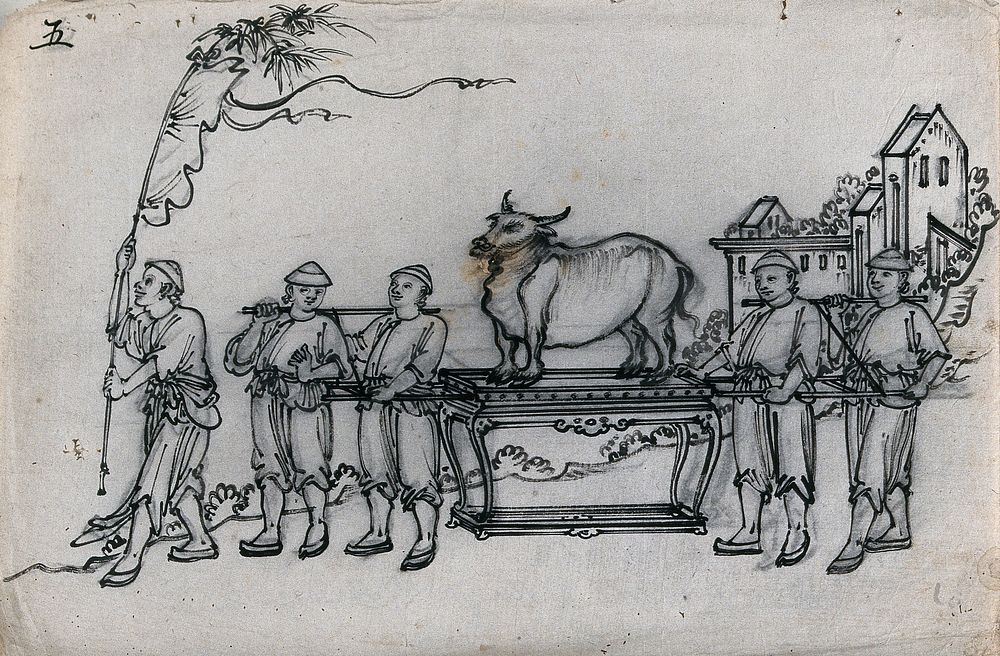 A Chinese procession in honour of the god of spring, incorporating a sacred buffalo. Ink drawing, China, 18--.