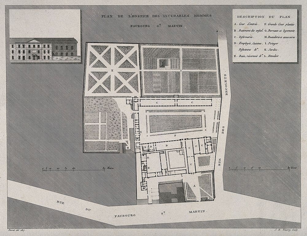 Hospice des Incurables Hommes, Paris: floor and street plan and facade. Engraving by J.E. Thierry after H. Bessat, 1807.