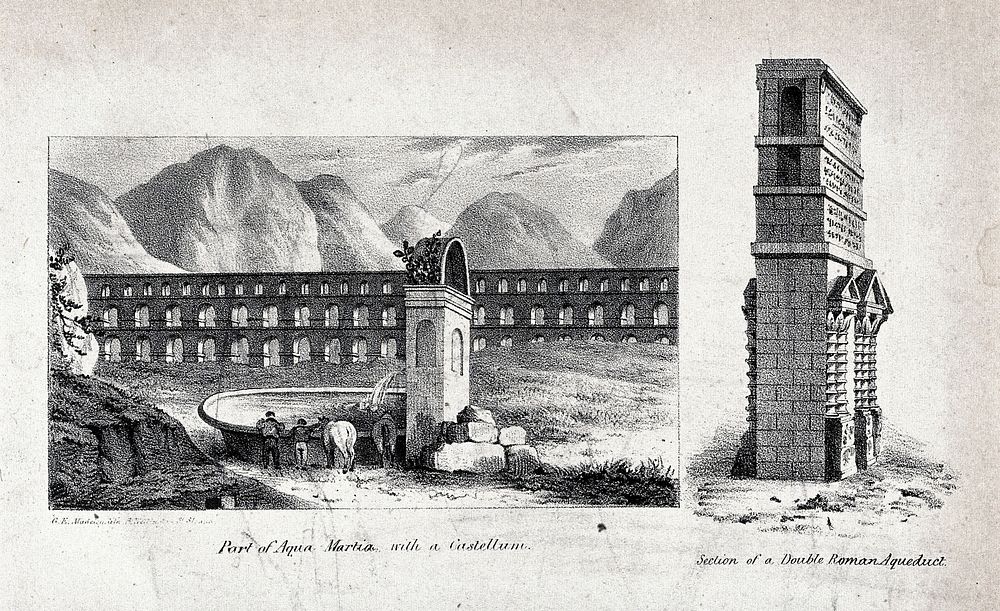 An aqueduct: in the foreground a fountain; to the right a section of a double Roman aqueduct. Lithograph by G. E. Madeley.