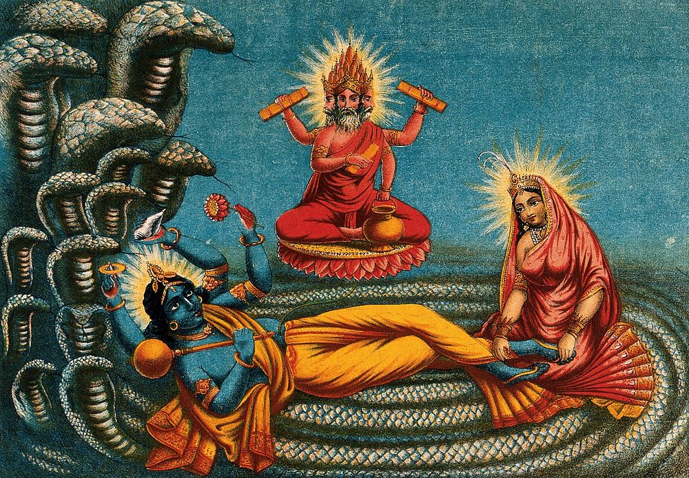 Vishnu lying on a serpent, with Lakshmi massaging his feet and Brahma in heaven. Chromolithograph.