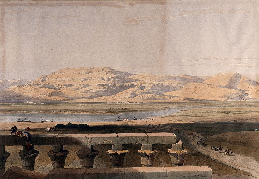 Mountain range seen over the Nile from the temple at Luxor, Egypt. Coloured lithograph by Louis Haghe after David Roberts…