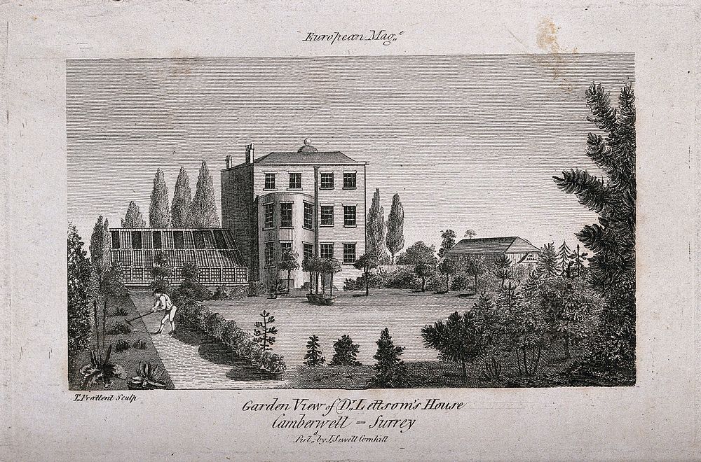 John Coakley Lettsom's house: south view of Grove Hill, Camberwell, Surrey. Engraving by T. Prattent, 1795-1802.