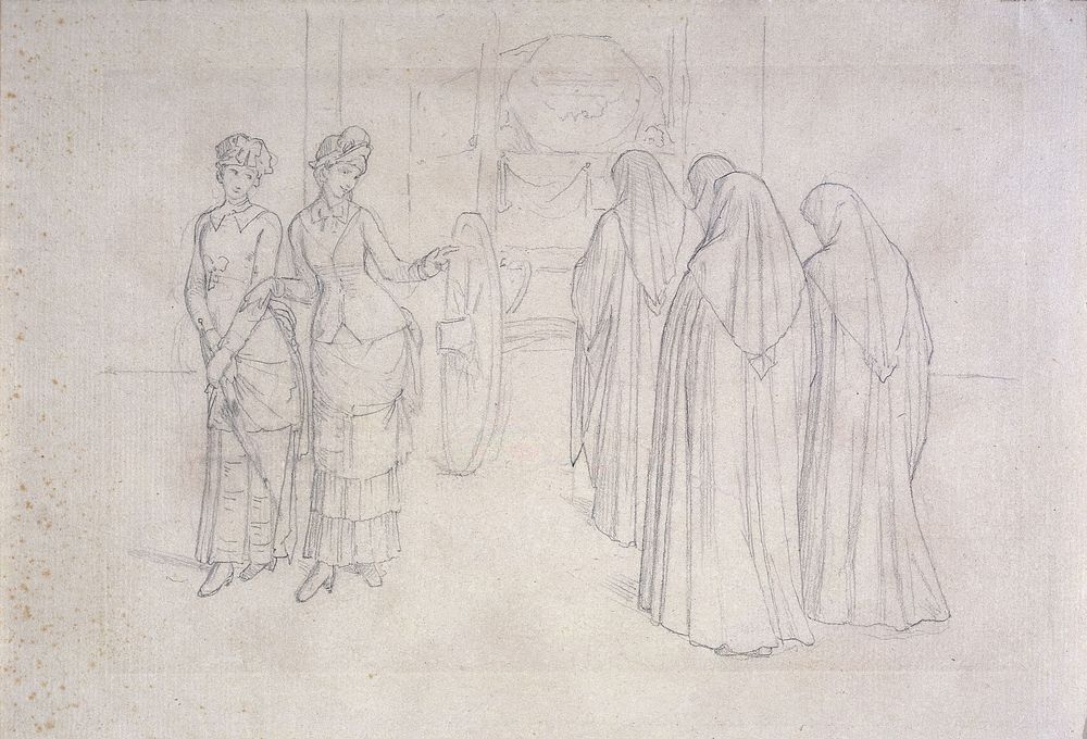 Two fashionable young women remarking a traditional funeral procession which passes them in the street. Drawing attributed…