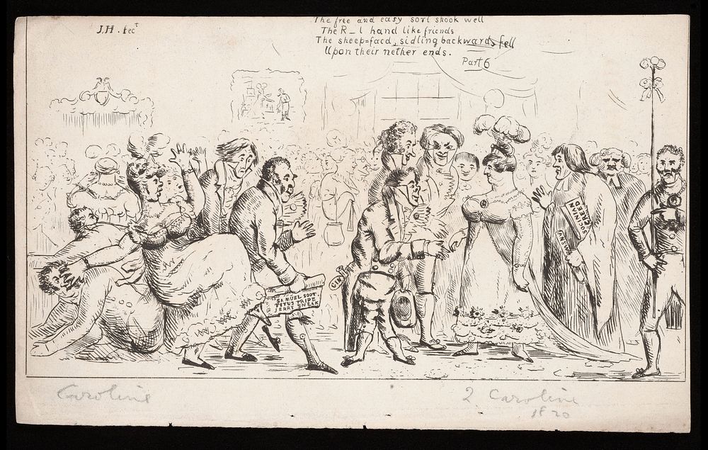 Queen Caroline, wife of King George IV, is greeted by people from Marylebone. Etching by Th. Hook, 1820.