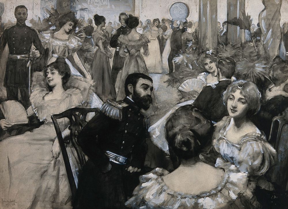 A dance at Tampa, Florida: a man in uniform with young women in evening dress. Gouache by John Da Costa, 1898.