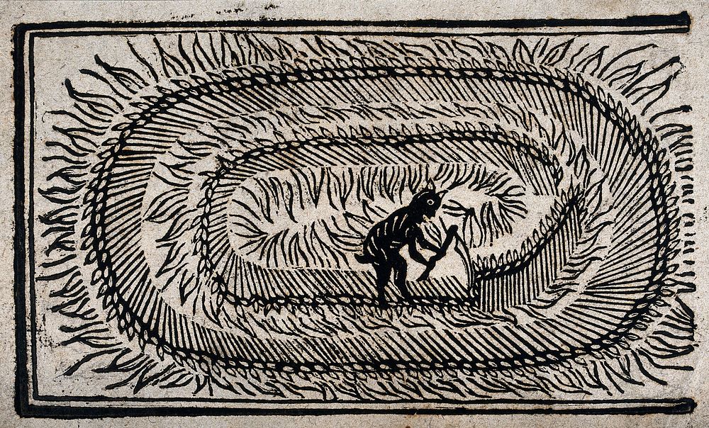A devil hacks a field with a scythe. Woodcut, ca. 1700-1720.