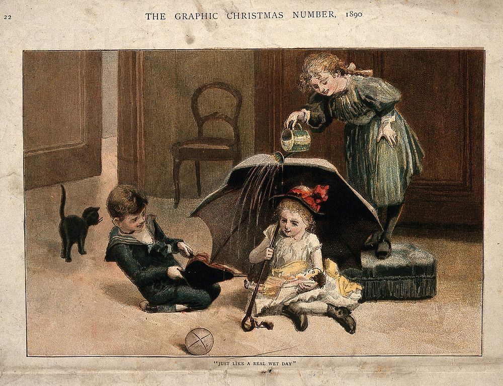 Children playing at creating the effect of a wet day with bellows, watering-can and an umbrella. Chromolithograph after E.…