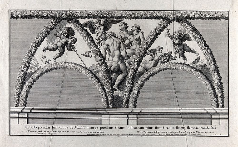 The story of Cupid and Psyche: Cupid showing Psyche to the three Graces. Engraving by N. Dorigny, after Raphael.