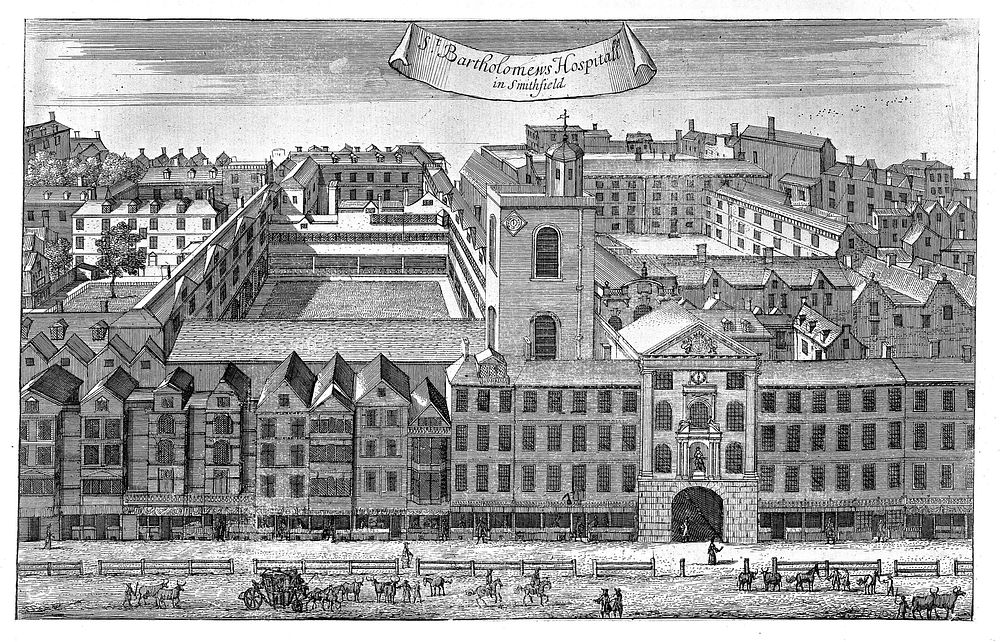 St Bartholomew's Hospital, London: bird's-eye view of the Henry VIII Gate and courtyard. Engraving by B. Cole, 1720.