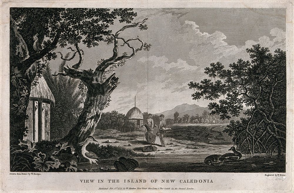 An island in New Caledonia and some of its inhabitants, visited by Cook on his second voyage, 1772-1775. Engraving by W.…