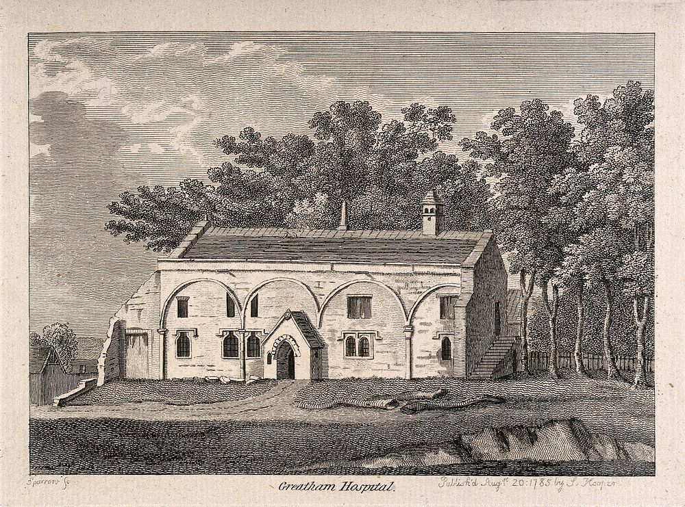 Greatham Hospital, Durham. Line engraving by S. Sparrow, 1785.