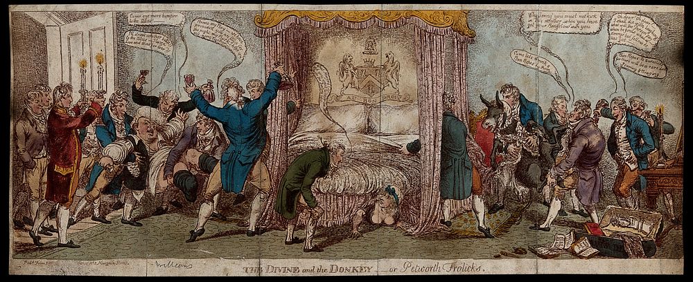 A parson being put into bed with an ass dressed in a frilled nightgown, as a practical joke. Coloured etching by C.…
