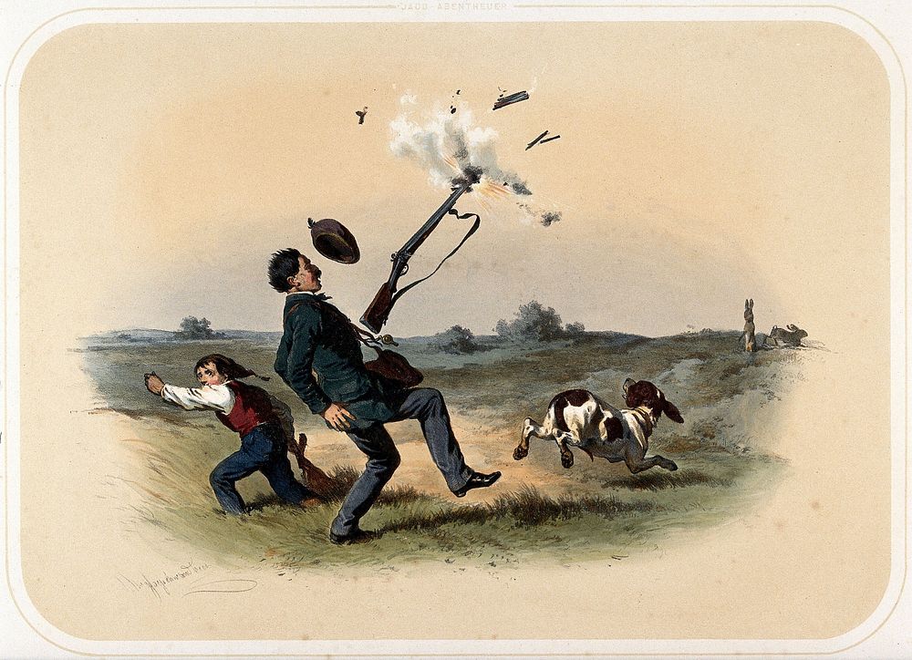 A huntsman is thrown backwards as the barrel of his rifle explodes. Coloured lithograph by A. Strassgschwandtner after…