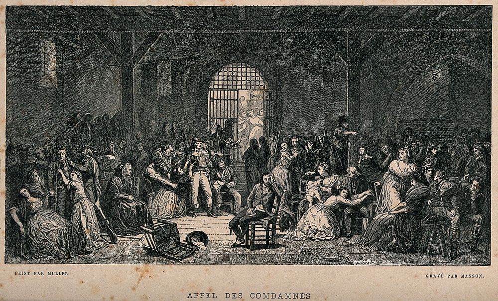 Prisoners in the French Revolution awaiting the summons to the guillotine. Engraving by Masson after Charles Muller.