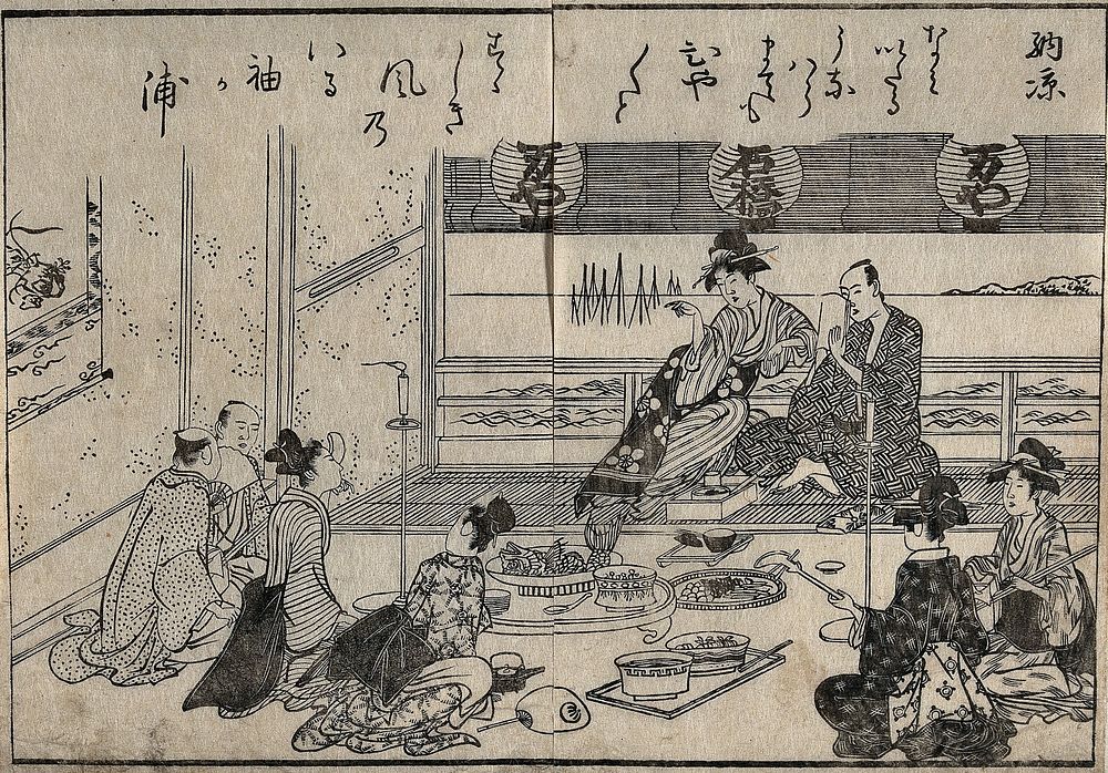 A tea-house scene: evening cooling (noryo). Woodcut, 1815.