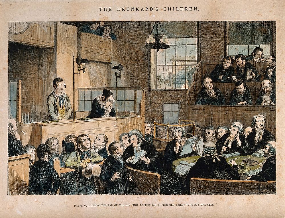 A convicted thief stands on trial in a packed law court while his sister weeps. Coloured etching by G. Cruikshank, 1848…