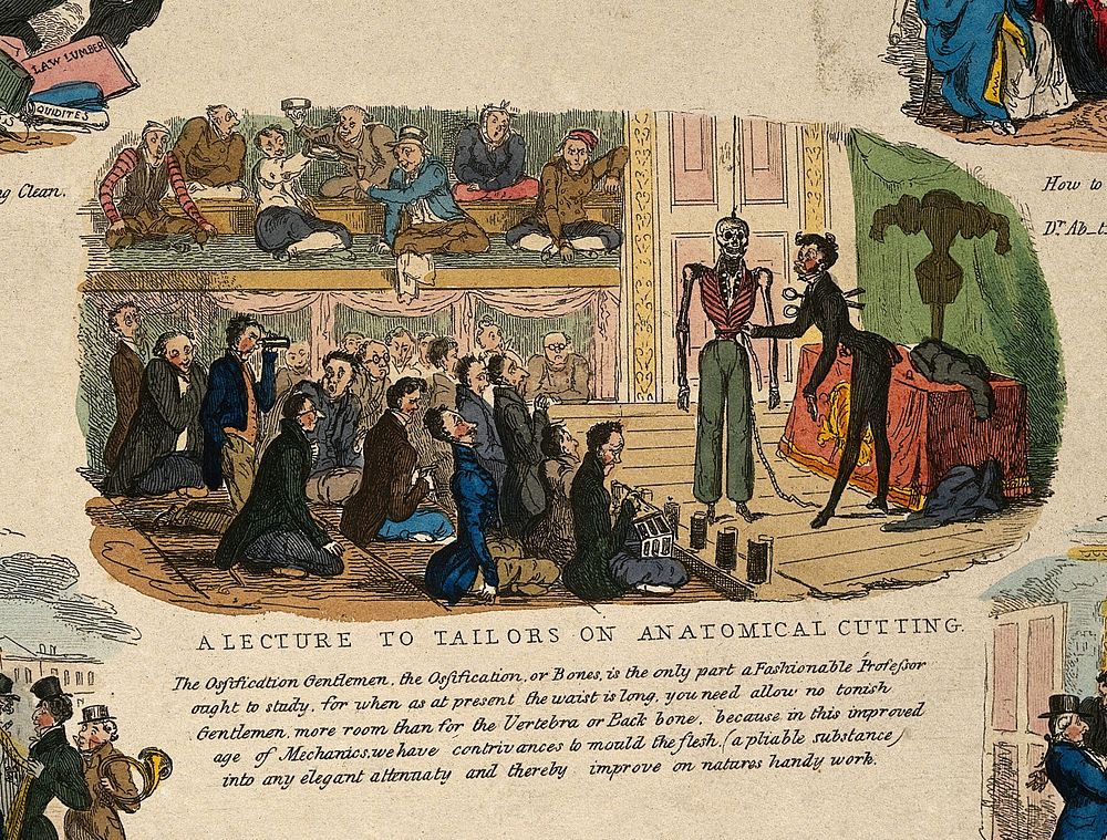 A group of dandified tailors attending a lecture, given by a grotesquely fashionable tailor, on "anatomical cutting".…