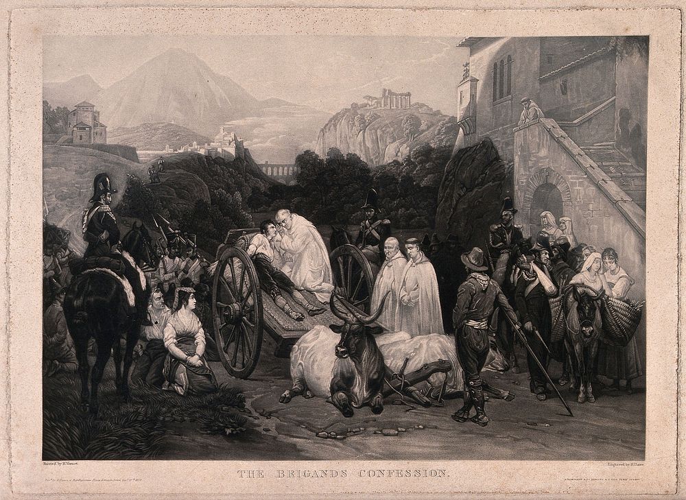 A brigand on his cart to execution confesses to the priest. Mezzotint by H. Dawe after H. Vernet, 1833.