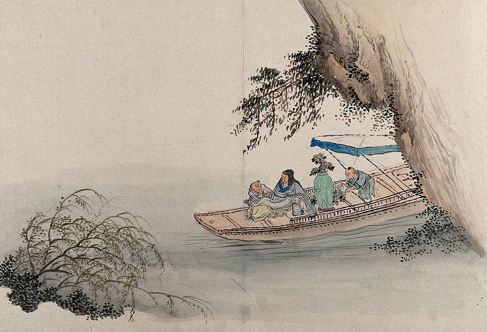 A Chinese sage with two children on a boat. Gouache by a Chinese artist, ca. 1850.