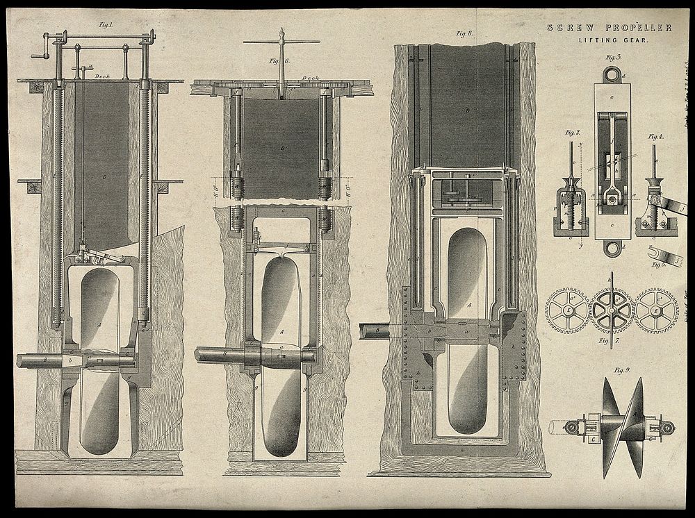 Shipping: three views of large propellors, with lifting gear. Engraving, c.1861.