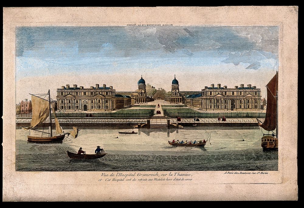 Royal Naval Hospital, Greenwich, with ships and rowing boats in the foreground. Coloured engraving after T. Bowles, 1753.