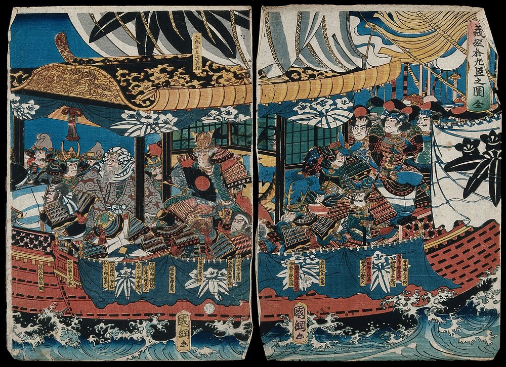 Yoshitsune's nineteen loyal retainers on board ship. Colour woodcut by Kunitsuna, 1859.