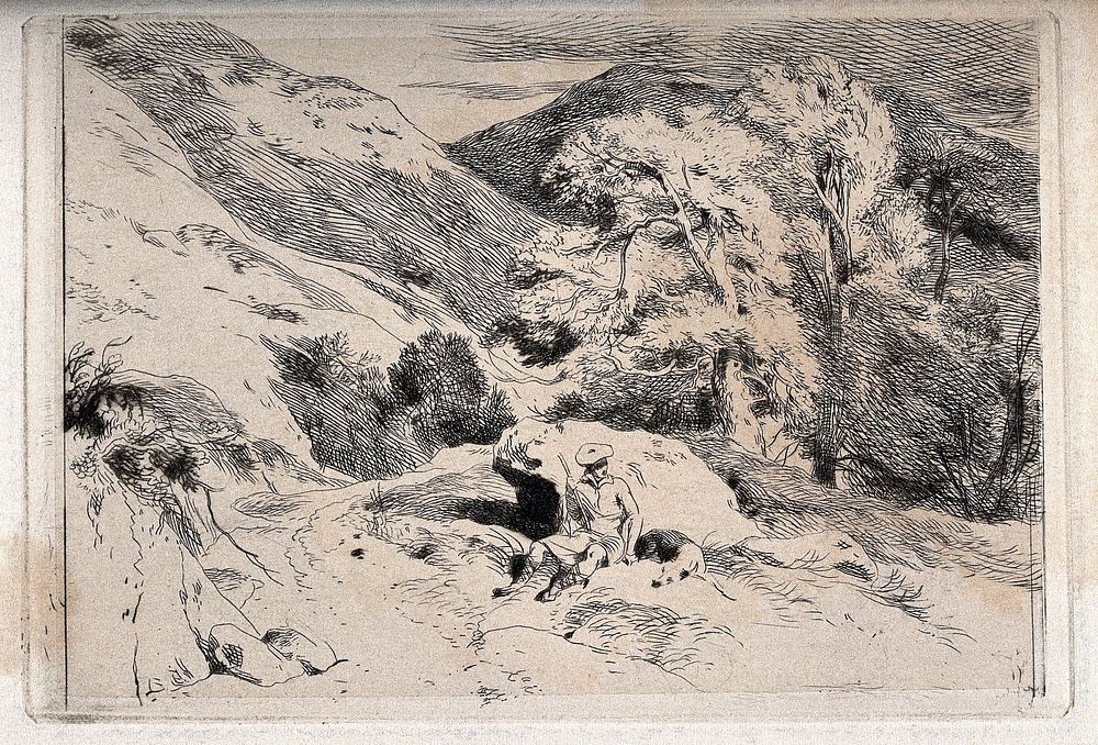 A man in traditional Scottish costume sits by a rock with his sleeping dog beside him, in a mountainous landscape. Etching…