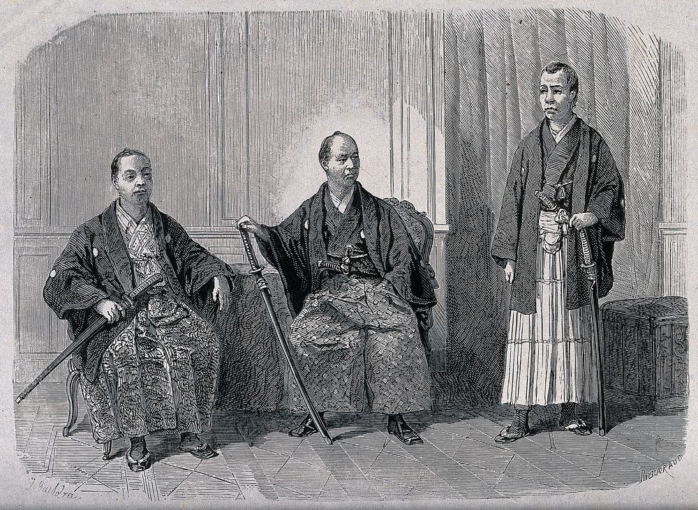 Three men (Chinese or Korean), two are sitting on chairs and the other is standing, all of them have swords by their sides.…