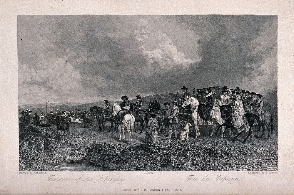 Troops attending a muster in Scotland play the game of popinjay, watched by crowds of local people. Engraving by J. Carter…
