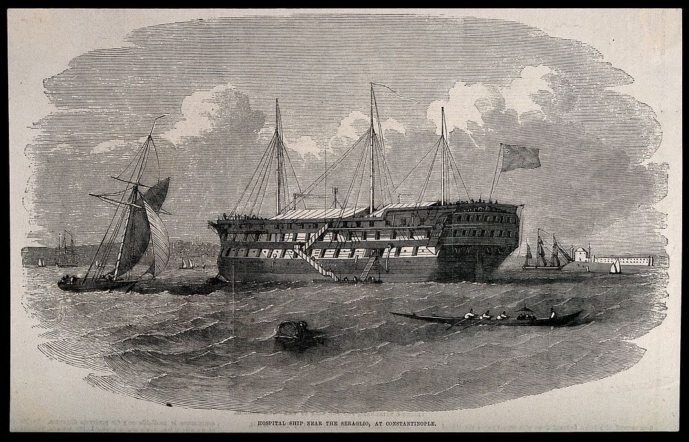 Crimean War: Hospital ship near Constantinople. Wood engraving.