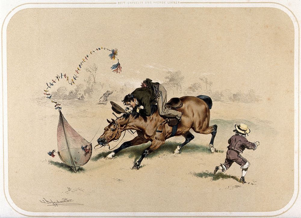 A horse baulks at a toy kite which has suddenly plummeted to the ground in its path, almost unseating its rider. Coloured…