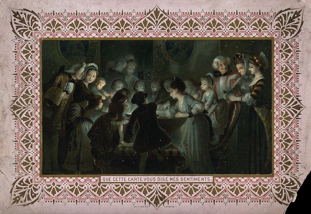 Men, women and children are crowding round a table reaching towards a bowl in the middle. Chromolithograph, ca. 1880.