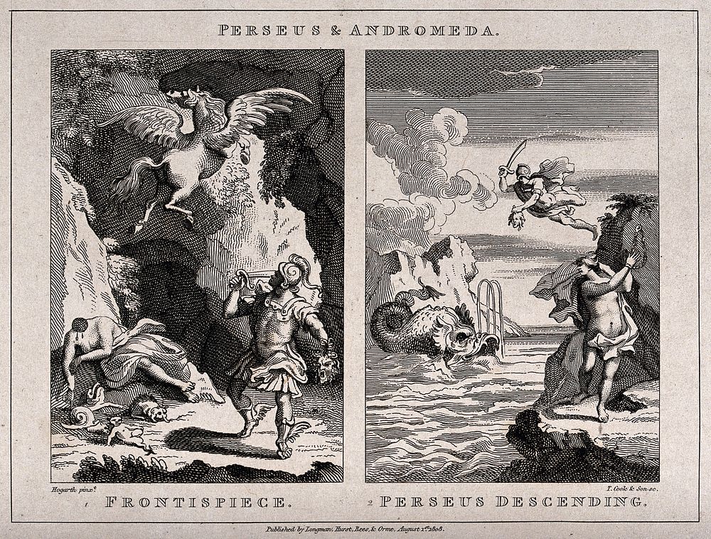 Left, Perseus cuts off the head of Medusa; right, Perseus rescues Andromeda. Etching by T. Cook, 1808, after W. Hogarth.