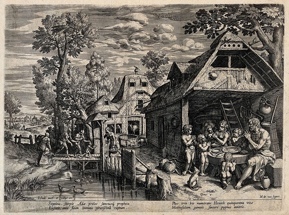 Enoch and his family praying before taking a frugal meal outside a farm building while a woman gives alms to poor and lame…