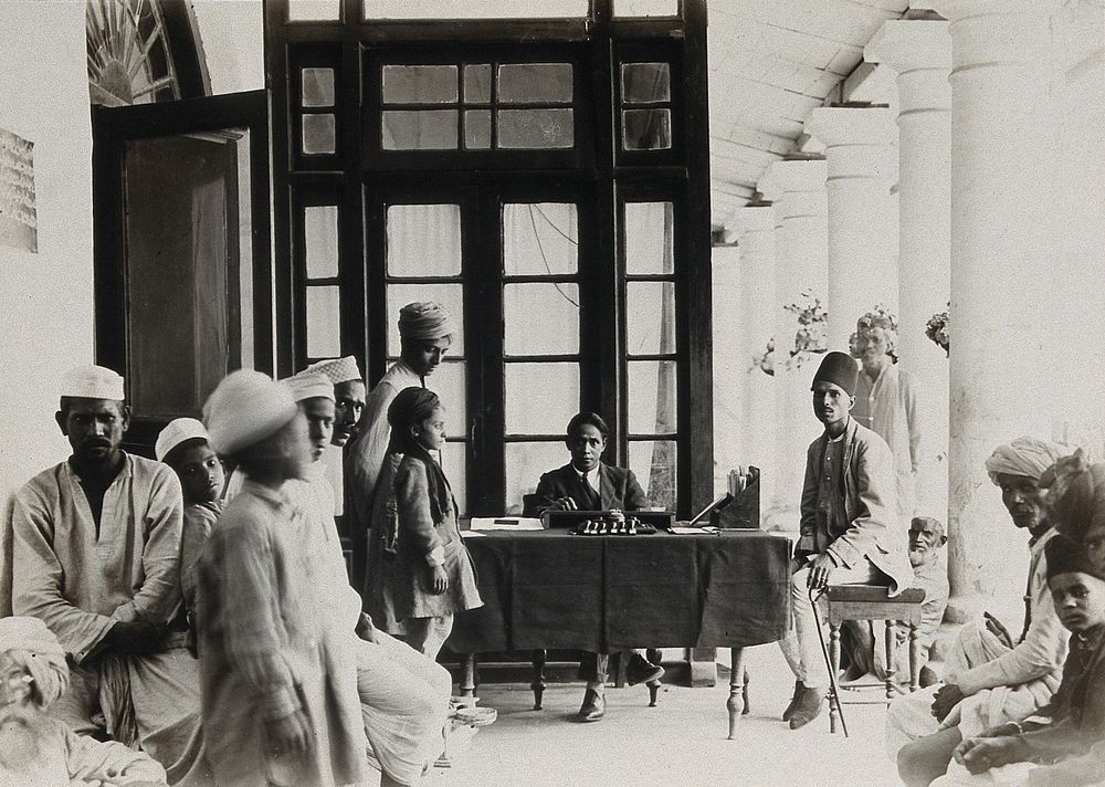 The Pasteur Institute Hospital, Kasauli, India: Indian patients awaiting examination and giving their medical history, prior…