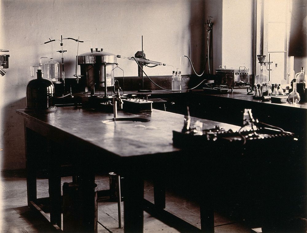 Imperial Bacteriological Laboratory, Muktesar, Punjab, India: laboratory kitchen interior with equipment on tables.…